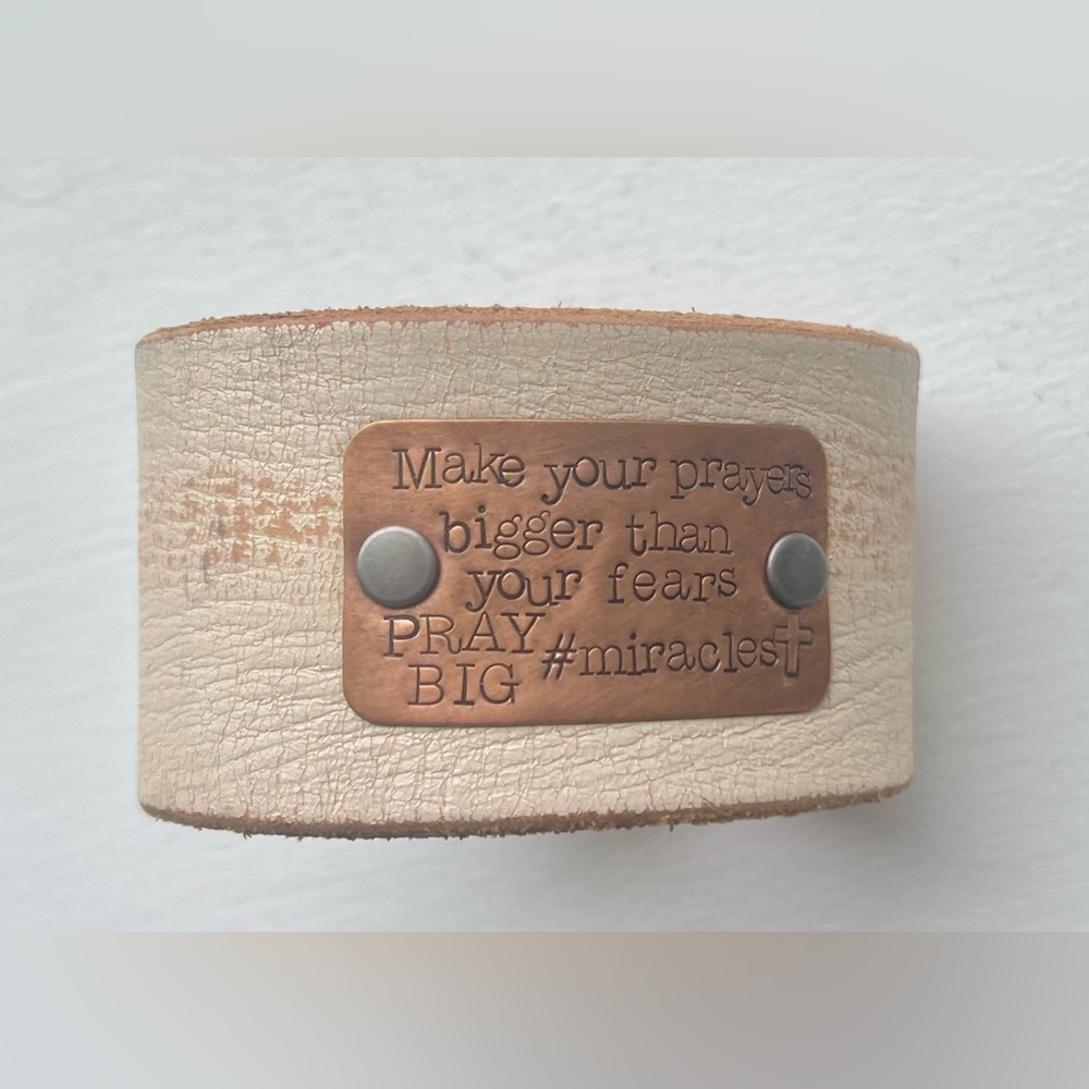 Handmade Natural Leather Bracelet / Cuff With Copper Engraved Quote